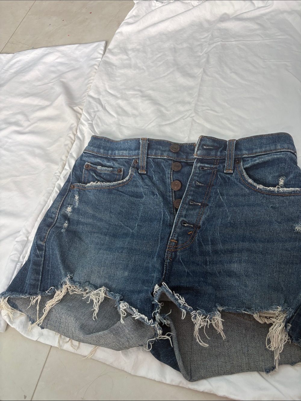Abercrombie & Fitch Dark Blue Distressed Denim Shorts